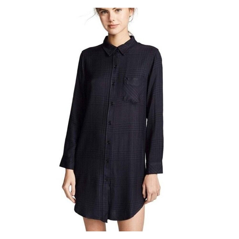 Rails Plaid Flannel Long Line Tunic Shirt Dress Size Medium Black Blue Pocket